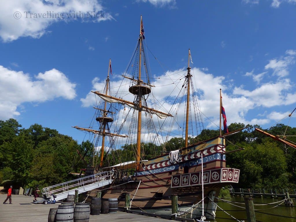 Replica of English settler's ship moored on James River.