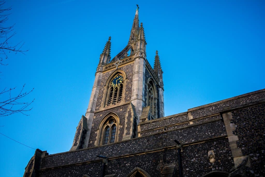 The tower of St Mary of Charity Church, Faversham.