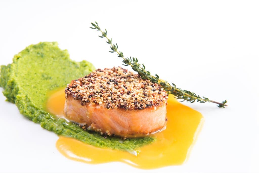 Quinoa Crusted Wild Salmon with Kale Potatoes and Pumpkin butter