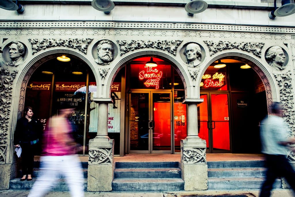 The historical Second City Sketch Comedy Club Entrance located at 1616 N Wells St. in Chicago 