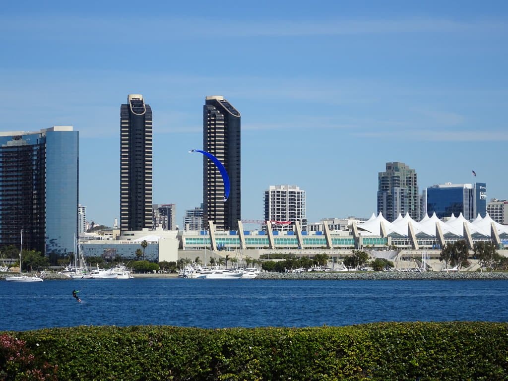 Kite surfing is popular in front of Centennial Park