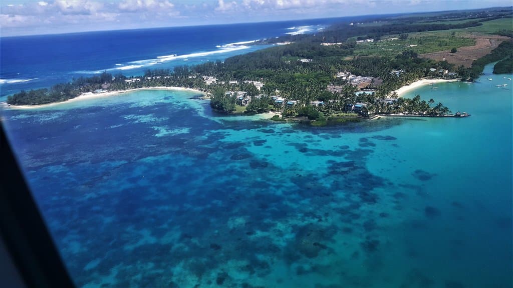 The inner edge of the marine park.Shandrani Hotel in the background.