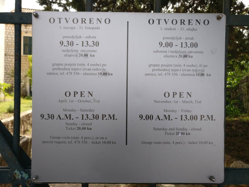 Opening Times (Price is now 25kn per person)