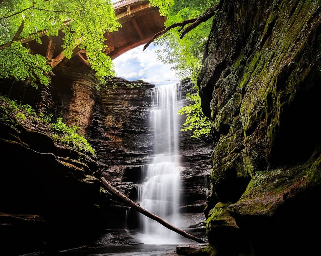 Lake Falls looking up with gorgeous canyon walls, spectacular waterfall and the footbridge above