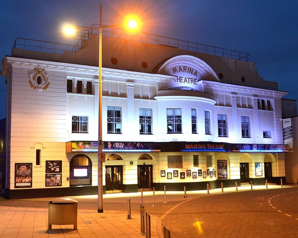 All lit up at night time. Marina Theatre, Lowestoft, Suffolk. 