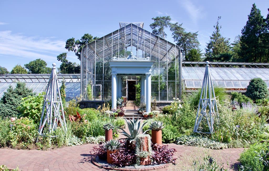 The garden that is in front of the Conservatory at Wave Hill Gardens.