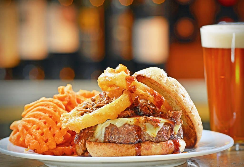 Our Inferno Burger with a cold craft beer!