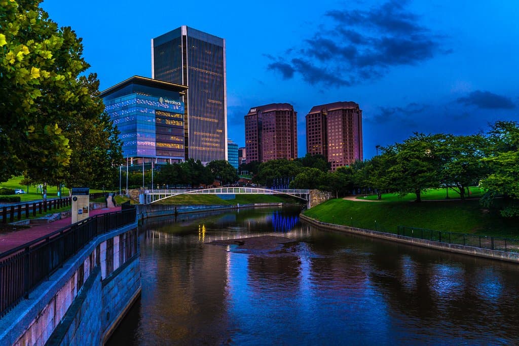 Skyline reflected in canal