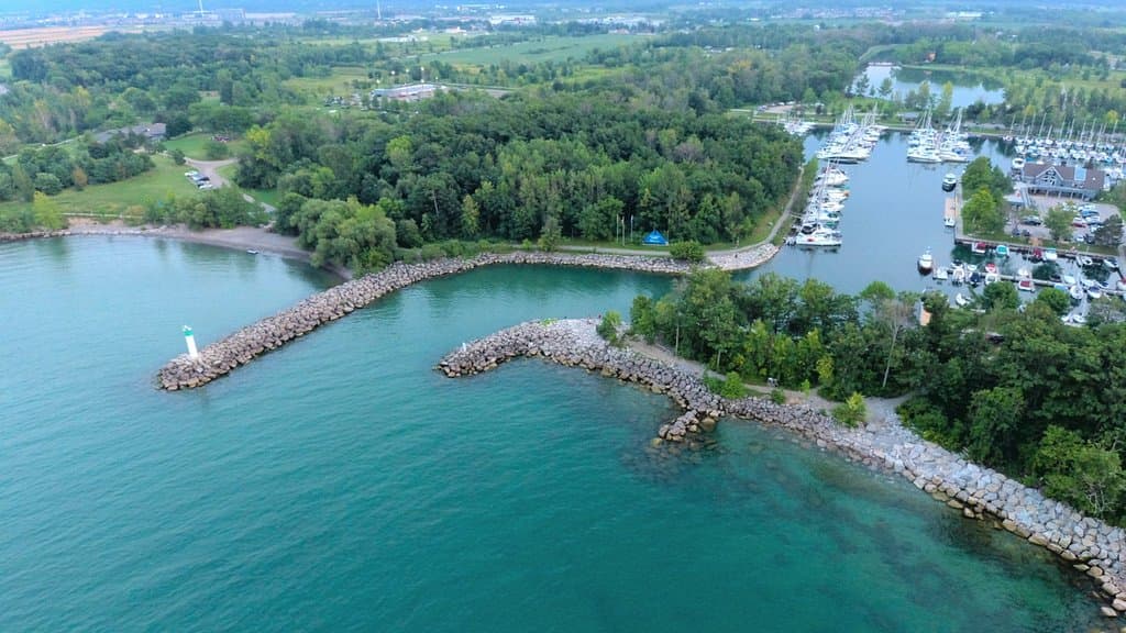 Aerial view of the marina and part of the beach from the lake
