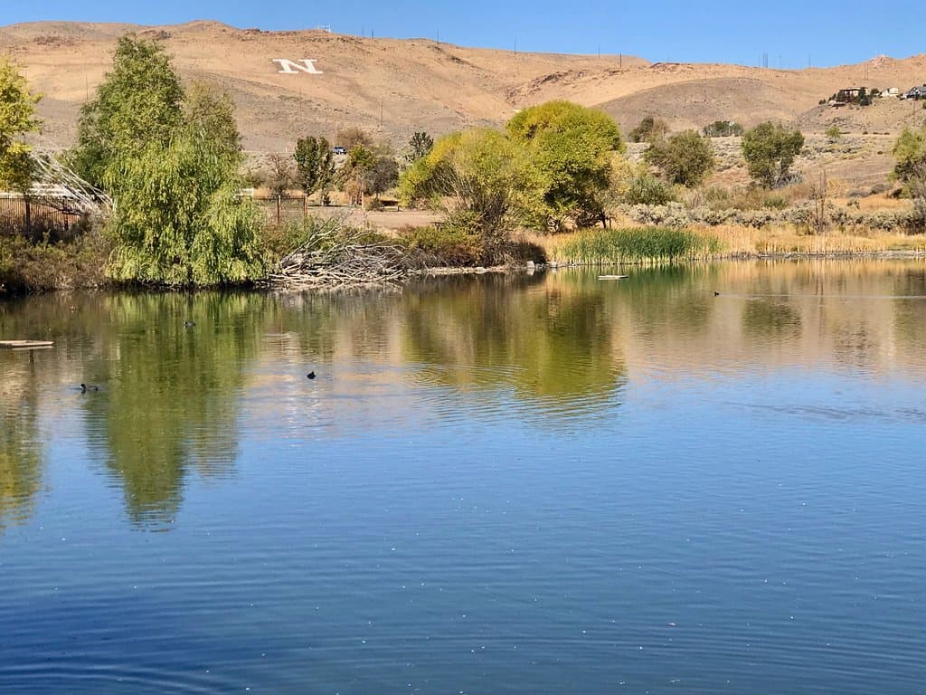 "N" hill reflected in the pond