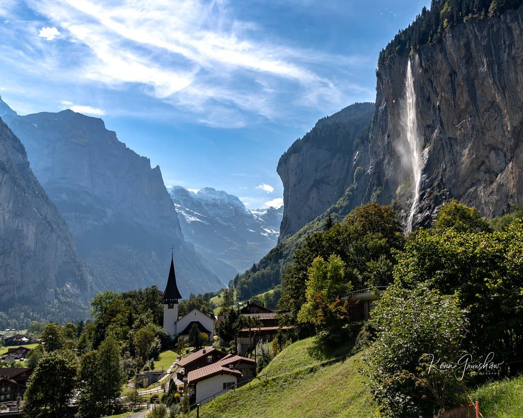 View of the Lauterbrunnen church and Staubbach falls