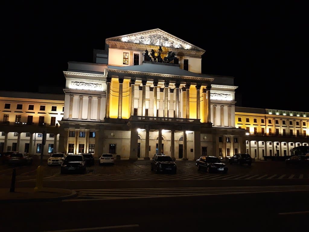 National Theatre at night on Theatre Square in Warsaw