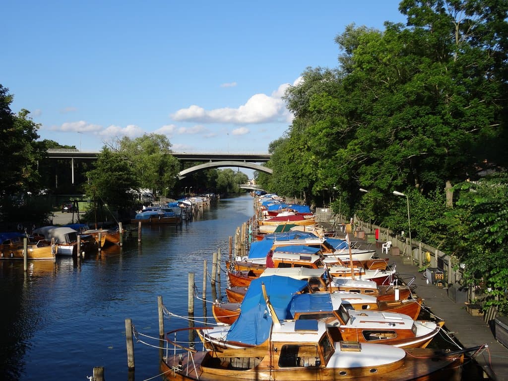 Stockholm, View on Western Bridge from marina Langholmen