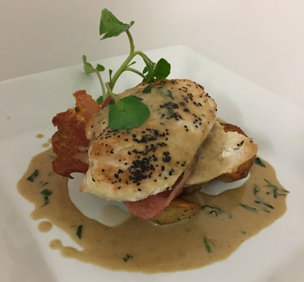 Supreme of Chicken Breast,
Crispy bacon, sauteed potatoes, tarragon and mustard sauce.