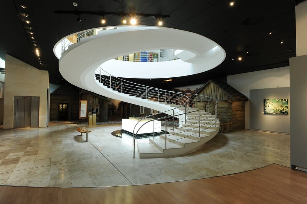 Award winning spiral staircase leading down to reconstruction of a Shtetl village