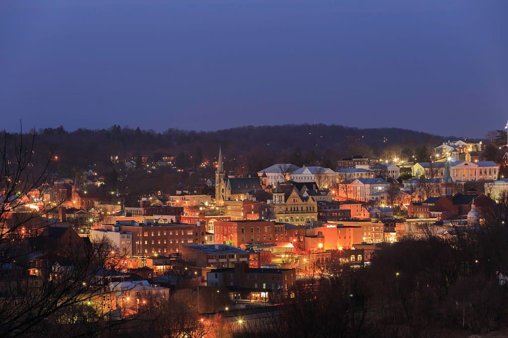 Downtown Staunton skyline at night.