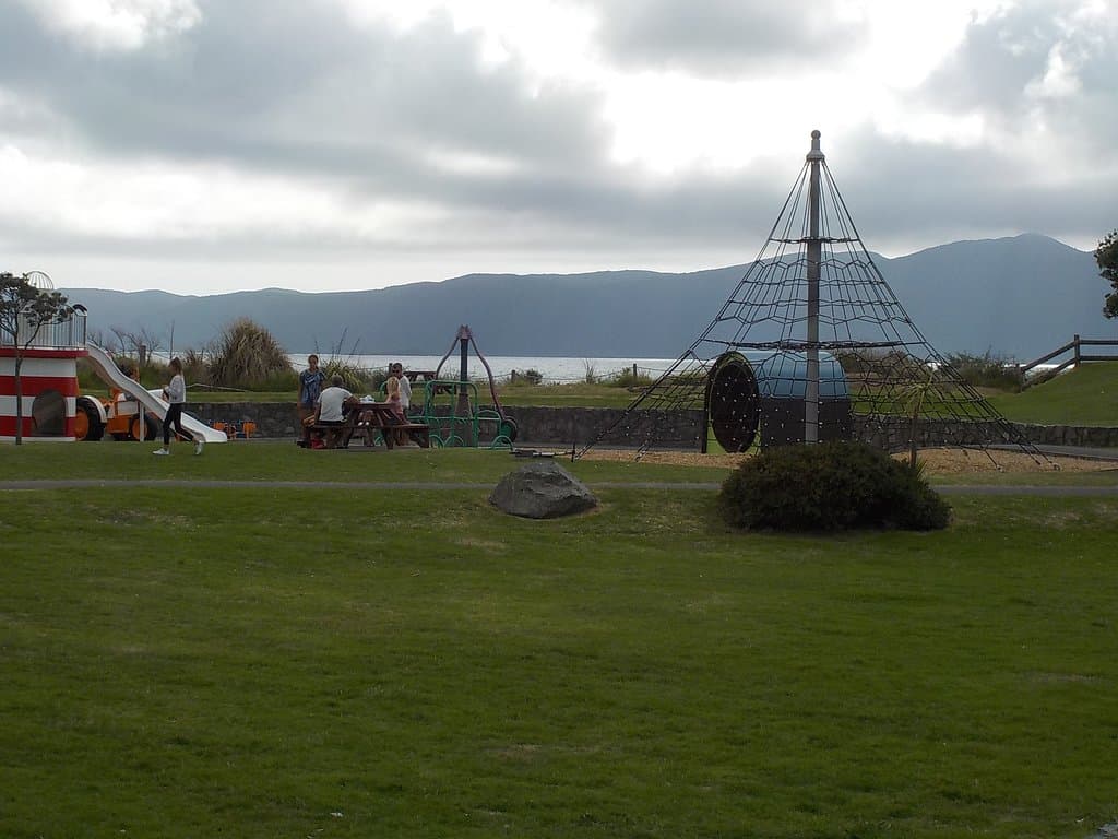 playground with beach and Kapiti Island beyond