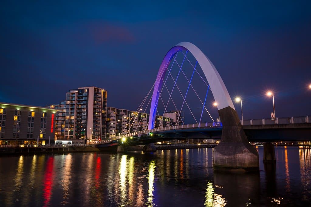 The Clyde Arc connects Govan road to the city centre in Glasgow. The bridge is also known in Scotland as the "Squinty Bridge"