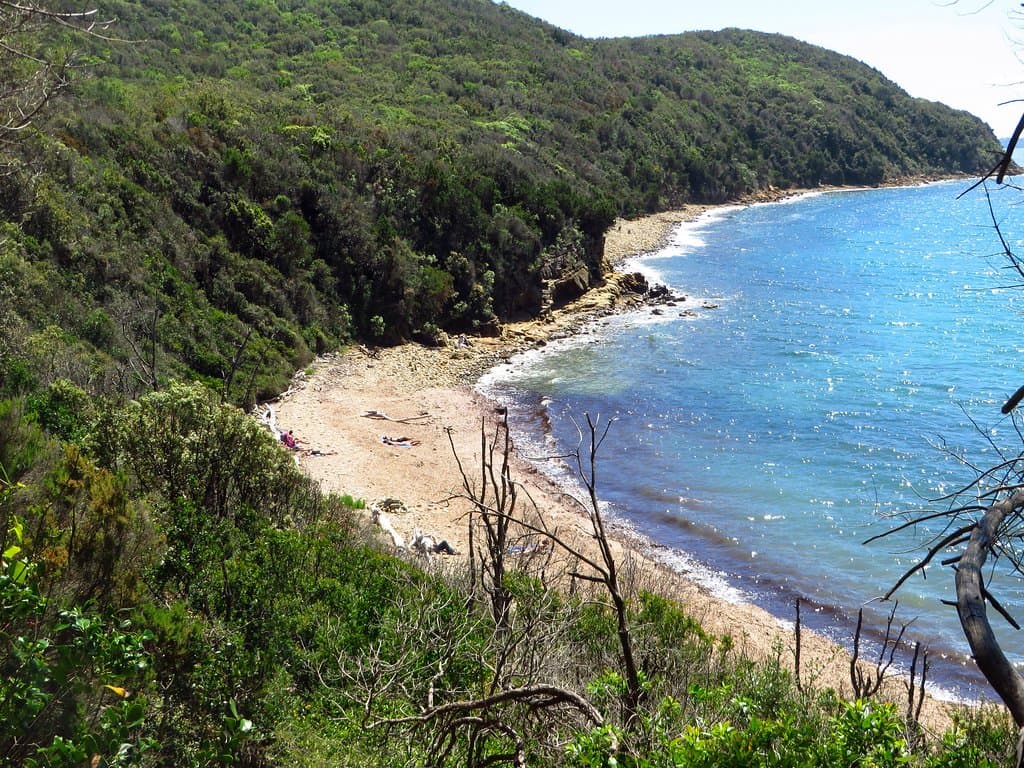 Le 2 spiagge di cala Martina, separate da un piccolo gruppo di scogli