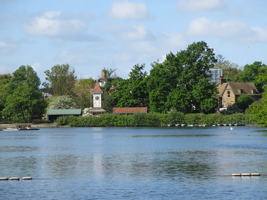 Boating lake with clock tower. Valentines park