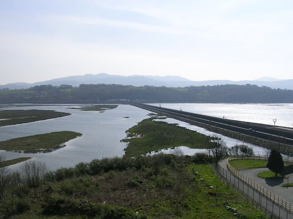 Porthmadog Cob dividing the Estuary (taken from Ynys Tywyn)