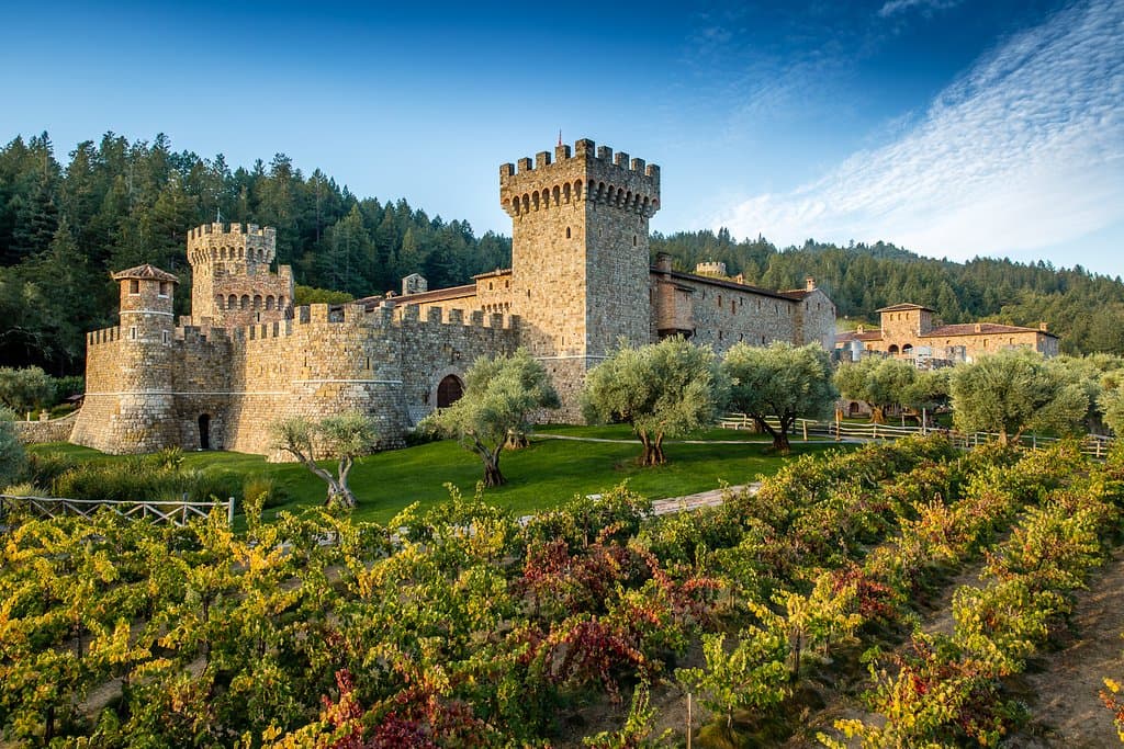 Castello di Amorosa took nearly 15 years to construct using hand carved stone, antique bricks, and medieval building techniques. Of its 107 rooms, 95 are used for making and storing wine.