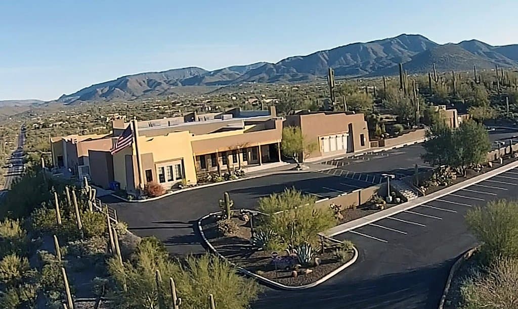 Drone view of the library showing the amazing location.