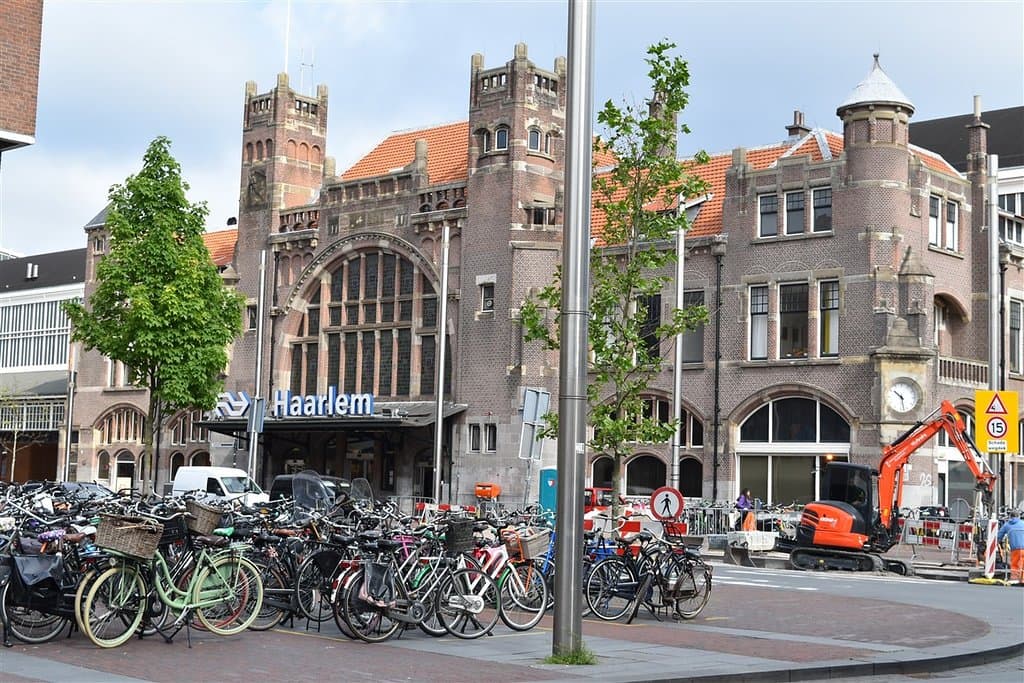 Bikes are parked outside the station