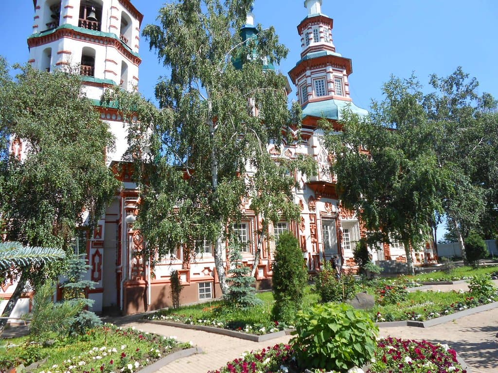 Holy Cross Cathedral, Irkutsk, Russia. Looking at the East side of the Cathedral from the garden area.