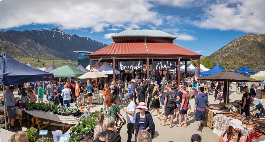 Our market entrance, framed by the Remarkables mountain range. 