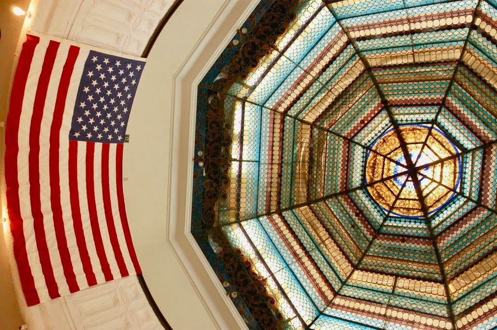 The stained-glass dome in the Drake Public Library in Centerville, Iowa