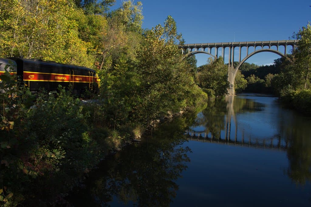 Cuyahoga Valley Scenic Railroad adjacent to the Brecksville depot and the Station Road Bridge.