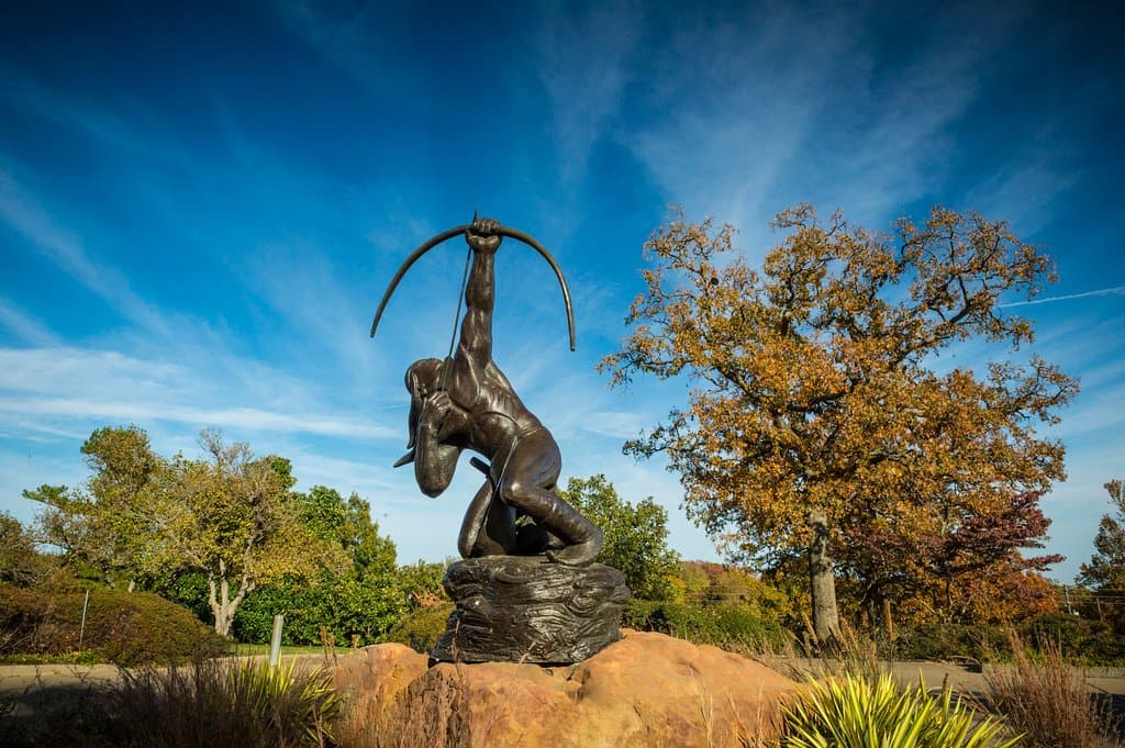 "Sacred Rain Arrow" at Gilcrease Museum entrance.