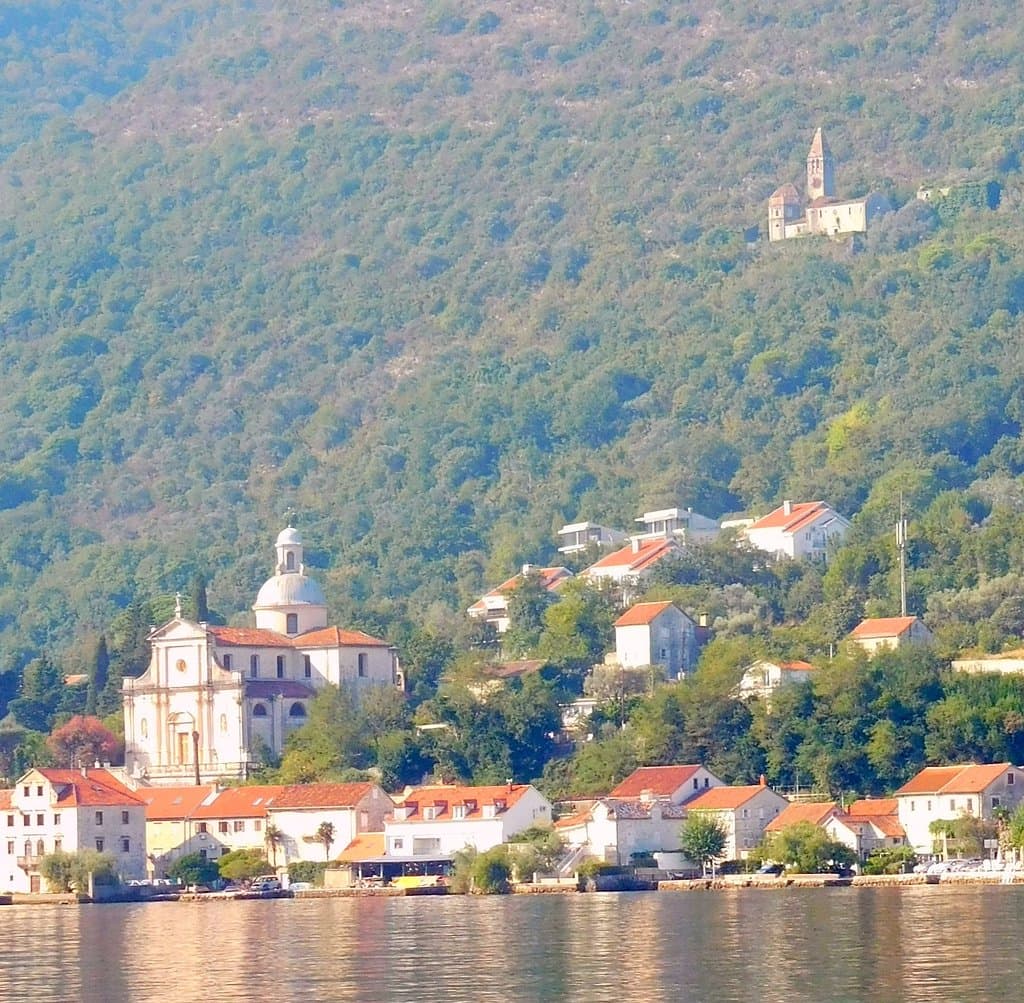 The Parish church ruins sit on the hillside behind "Our Lady's Temple of Prcanj"