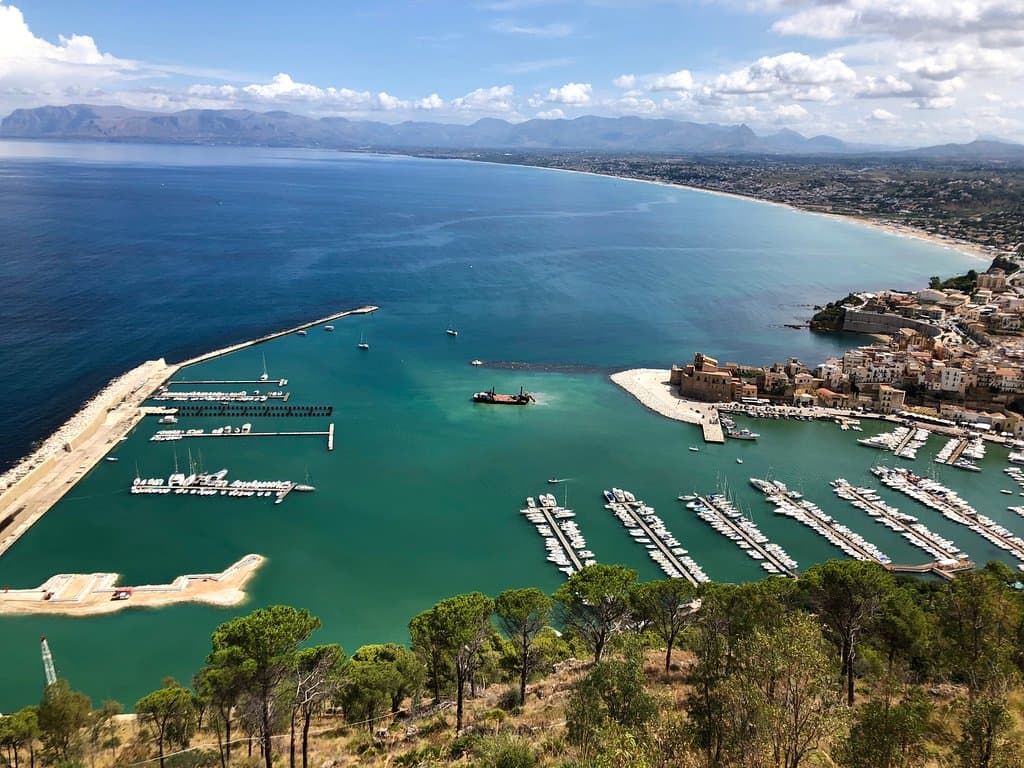 View over harbour from hillside above town