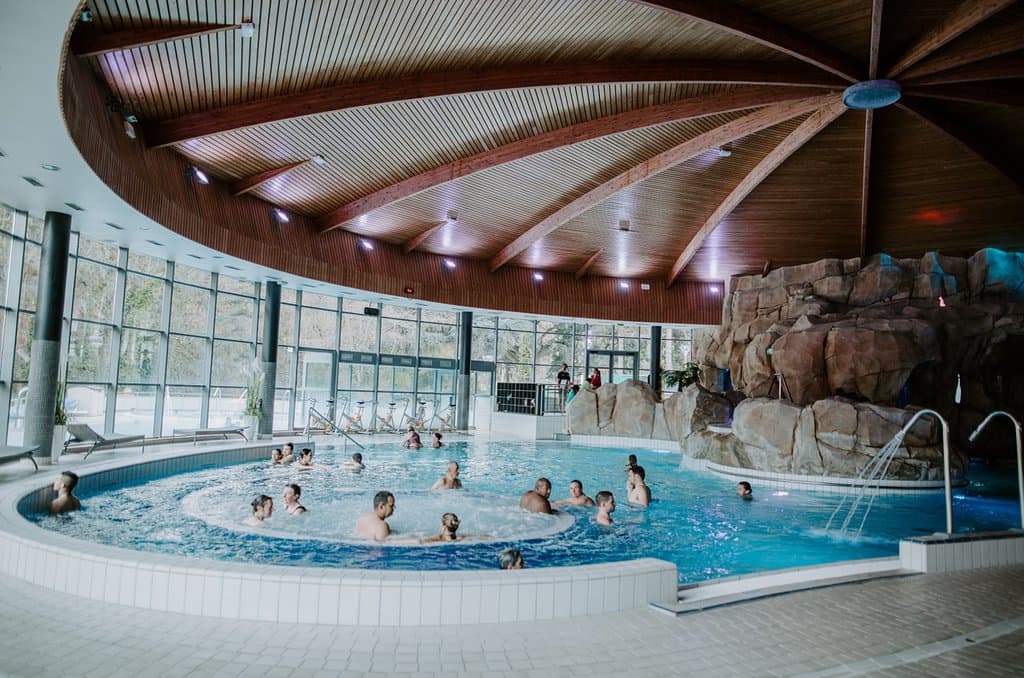 Vue sur le bassin intérieur : jacuzzi, nage à contre-courant...
