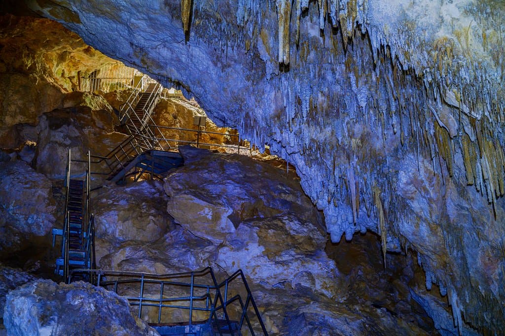 Calgardup Cave using torch light. Exit stairs
