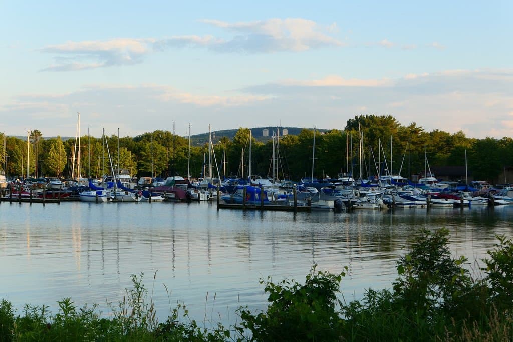View of the marina with Ithaca in the background