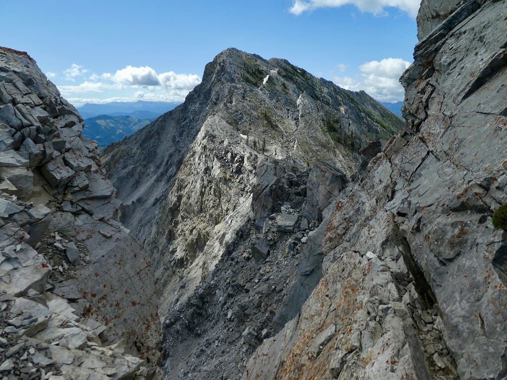 This is the view of the South Peak through a gap on the North Peak. 