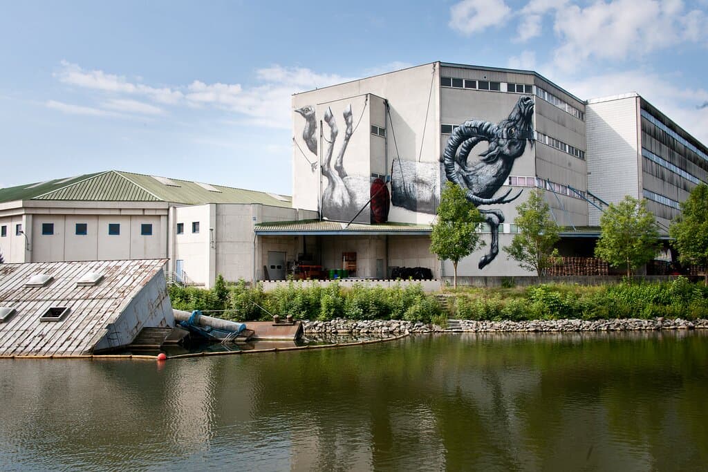 belgian artist ROA was one of the first ones to paint here in 2013.  masterfully using the architecture to compliment the artwork. 