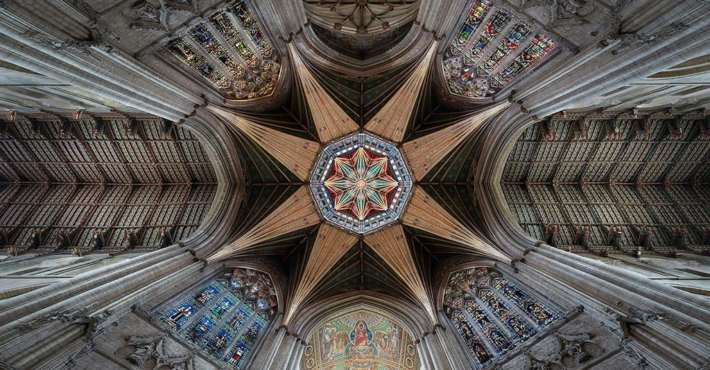 Looking up at the Octagon Tower of Ely Cathedral.
