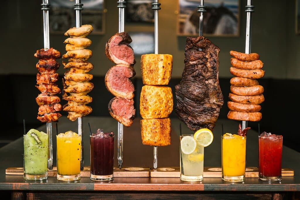 From left to right: Chichen Wrapped w/ Bacon, Chicken Wings, Picanha (Rump Steak), Cinnamon Pineapple, Flank and Brazilian Sausage. :)