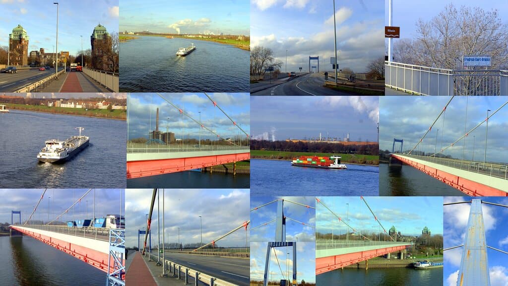 Collage: Von dieser Rhein-Brücke, hat man interessante Ausblicke in die nahe wie weitere Umgebung... Man wird viele Binnen-Schiffe sehen...