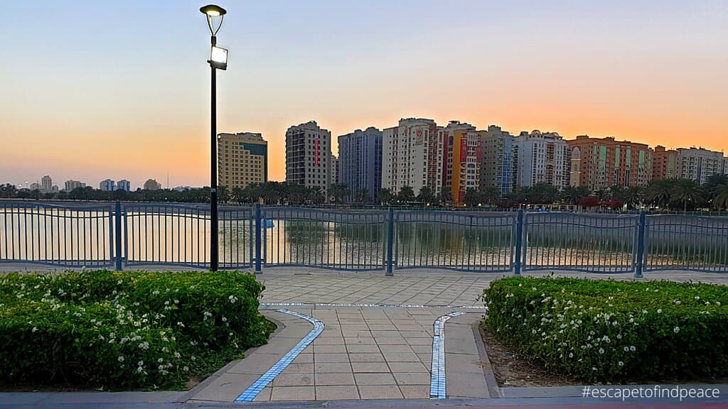 Al Nahda pond park  The family-friendly park - a jogging and cycling track, gazebos for picnics and relaxing, play areas for kids and sport options such as tennis, volleyball, basketball and soccer, bike hire, a mini ride and bouncy castles and exercise equipment.
