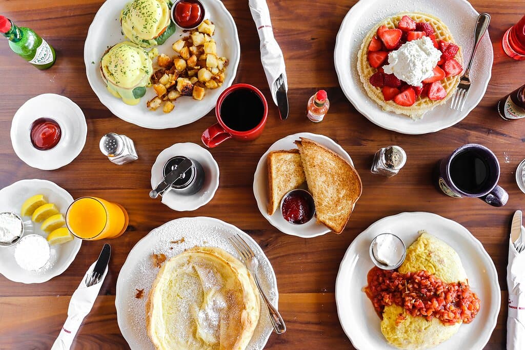 Spread: Eggs Benedict, Strawberry Waffle, Dutch Baby, Sweet Bell Pepper Omelette