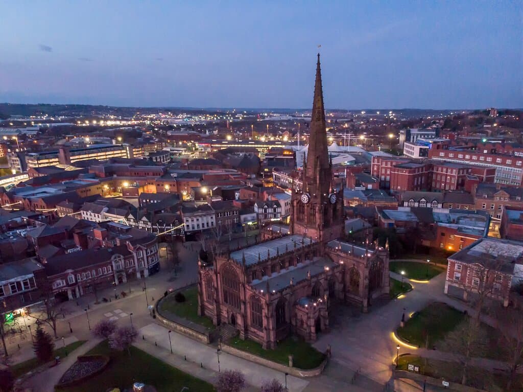 View of Rotherham Minster and surrounding town centre at just after sunset