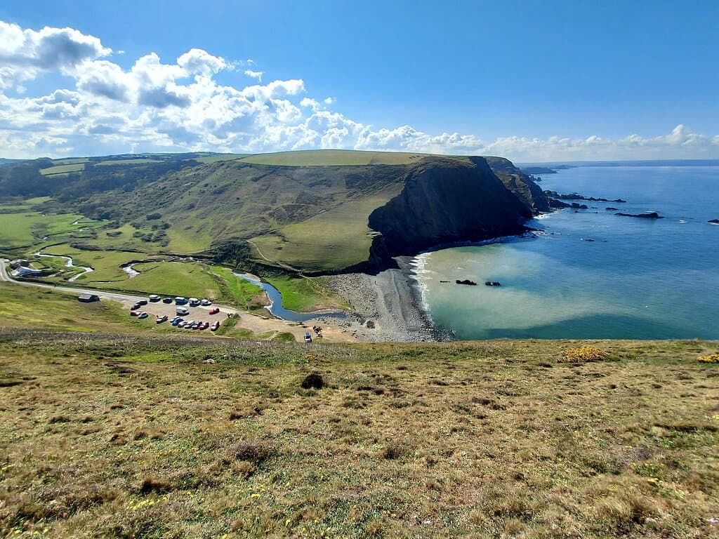 Duckpool Bay and Car Park from Coast Path (02/May/21).