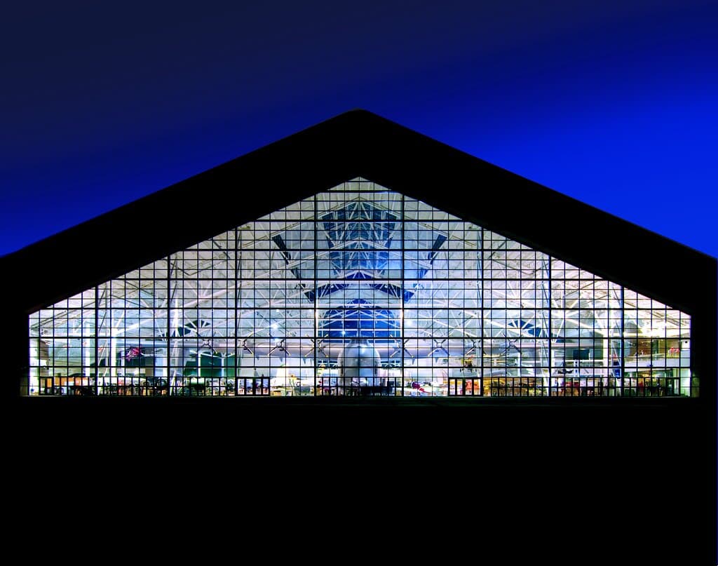 The historic Hughes Flying Boat, Spruce Goose at night.