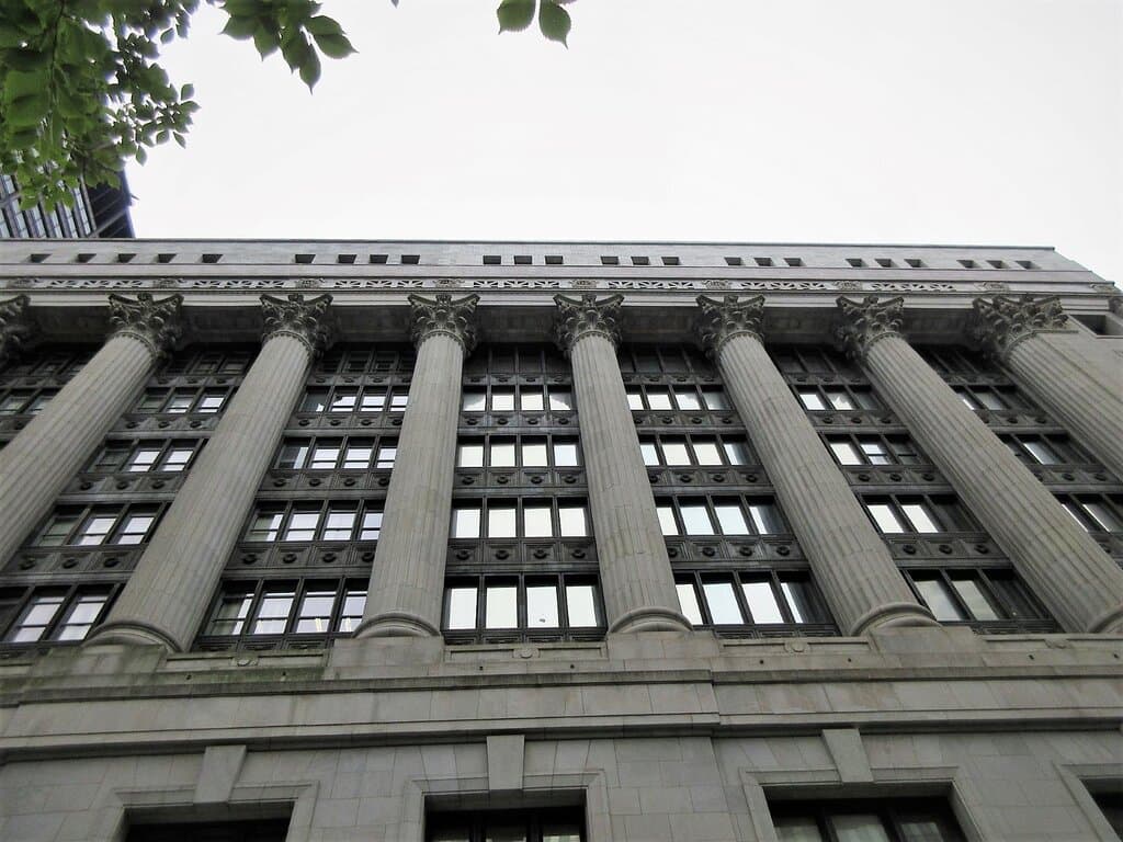 Chicago City Hall (built 1907 --1911), decorative 75 ft. high columns. July 2021