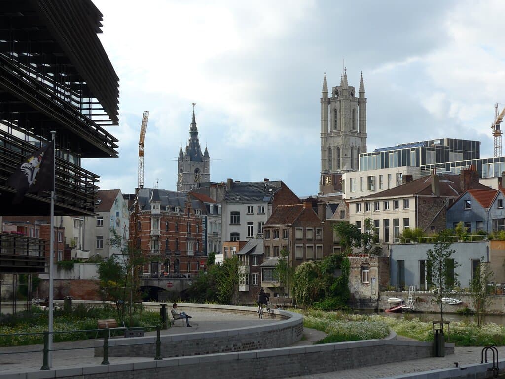 Gent, De Krook City Library, Cathedral and Belfy from Kuiperskaai